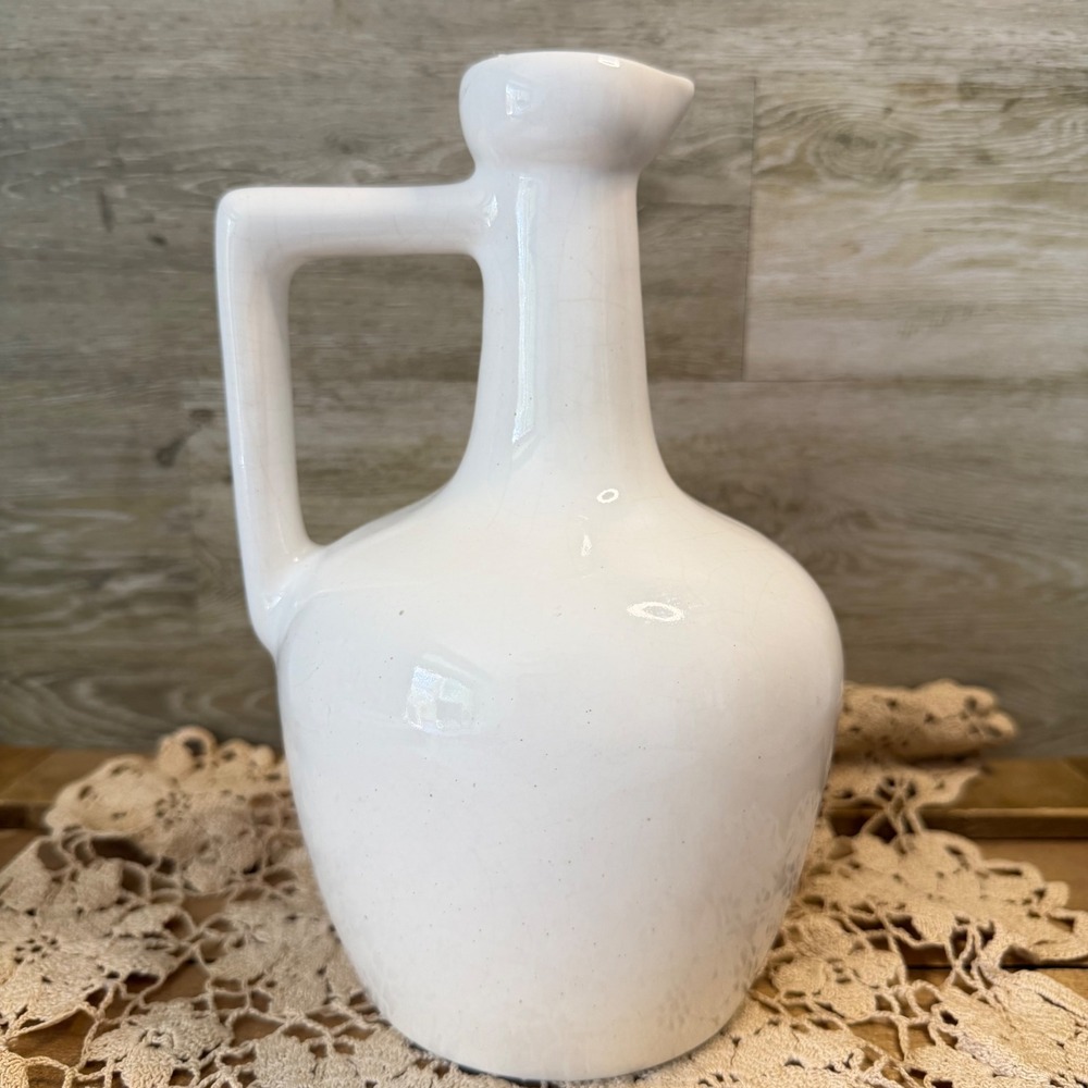 Vintage White Ceramic Pitcher Glossy Crackle Glaze Farmhouse Jug Vase Handle